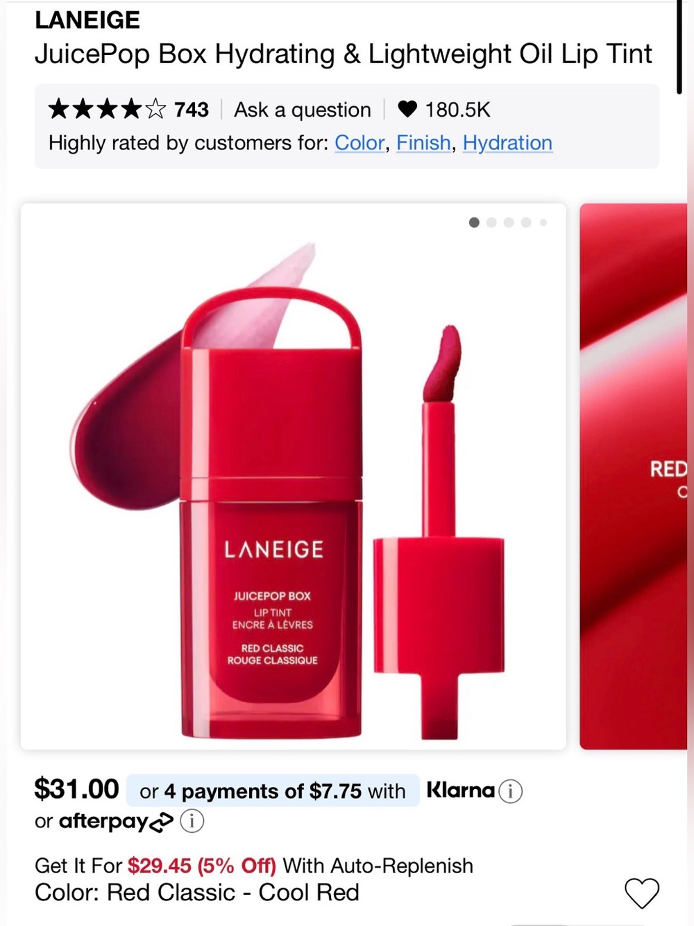 LANEIGE JuicePop Box Hydrating & Lightweight Oil Lip Tint - Red Classic
